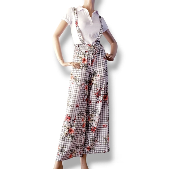 Common Crush Floral Windowpane High Waist, Wide Leg,  Criss Cross Overall Pants - Picture 5 of 8